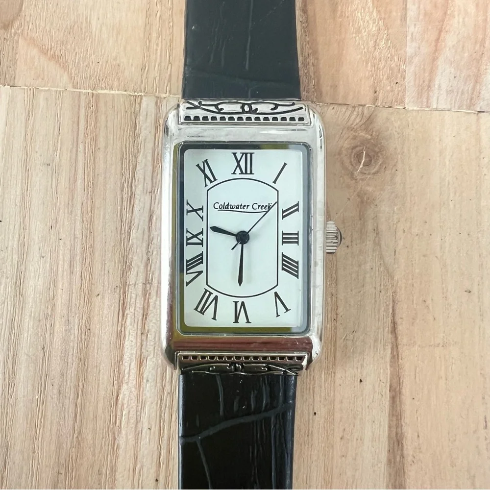 Coldwater creek ladies rectangular black leather dress watch NEW BATTERY